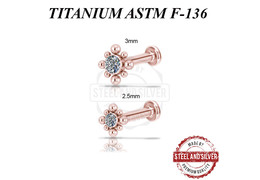 Лабрет титановый Steel and Silver розовое золото с кластером Premium Crystals